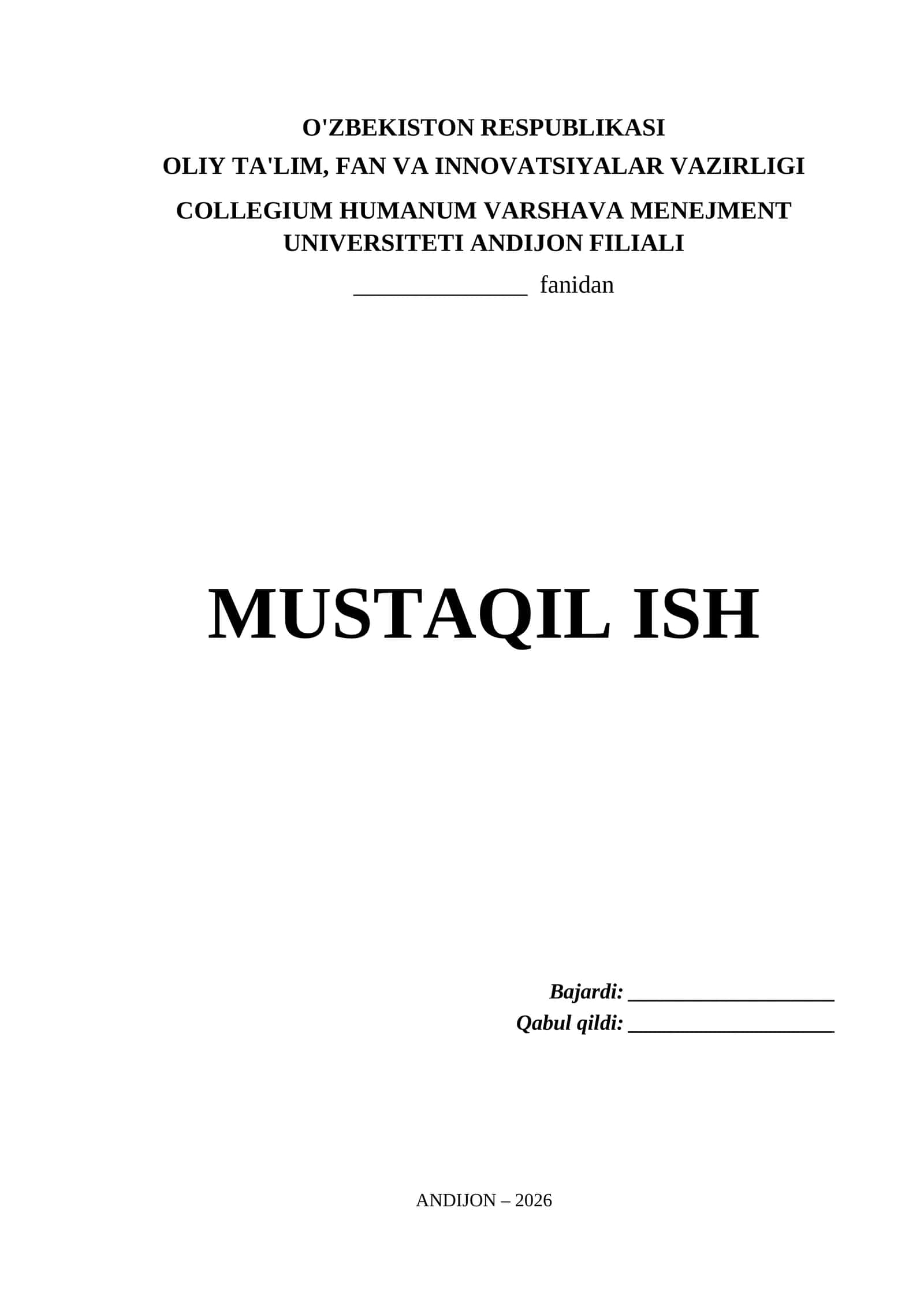 Collegium Humanum Varshava Menejment Universiteti Andijon Filiali Mustaqil Ish Titul Varaq (.docx) 1