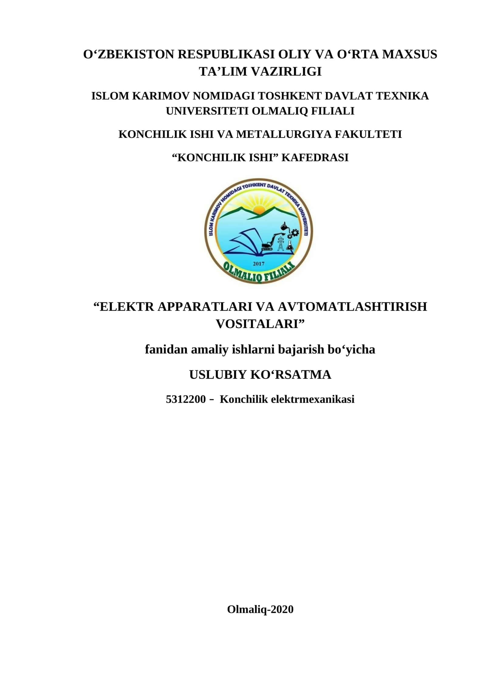 "Elektr apparatlari va avtomatlashtirish vositalari" fanidan amaliy ishlarni bajarish 1