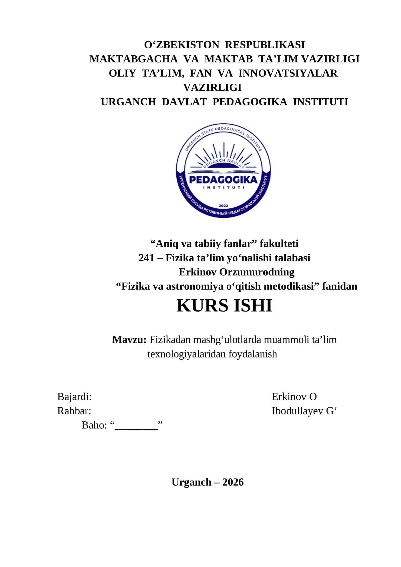 Fizikadan mashg‘ulotlarda muammoli ta’lim texnologiyalaridan foydalanish. 1