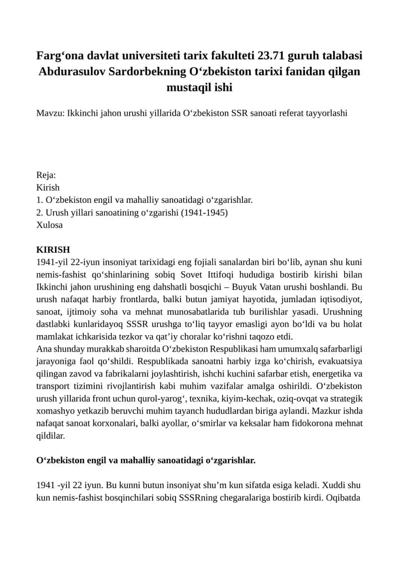 Ikkinchi jahon urushi yillarida O‘zbekiston SSR sanoati 1