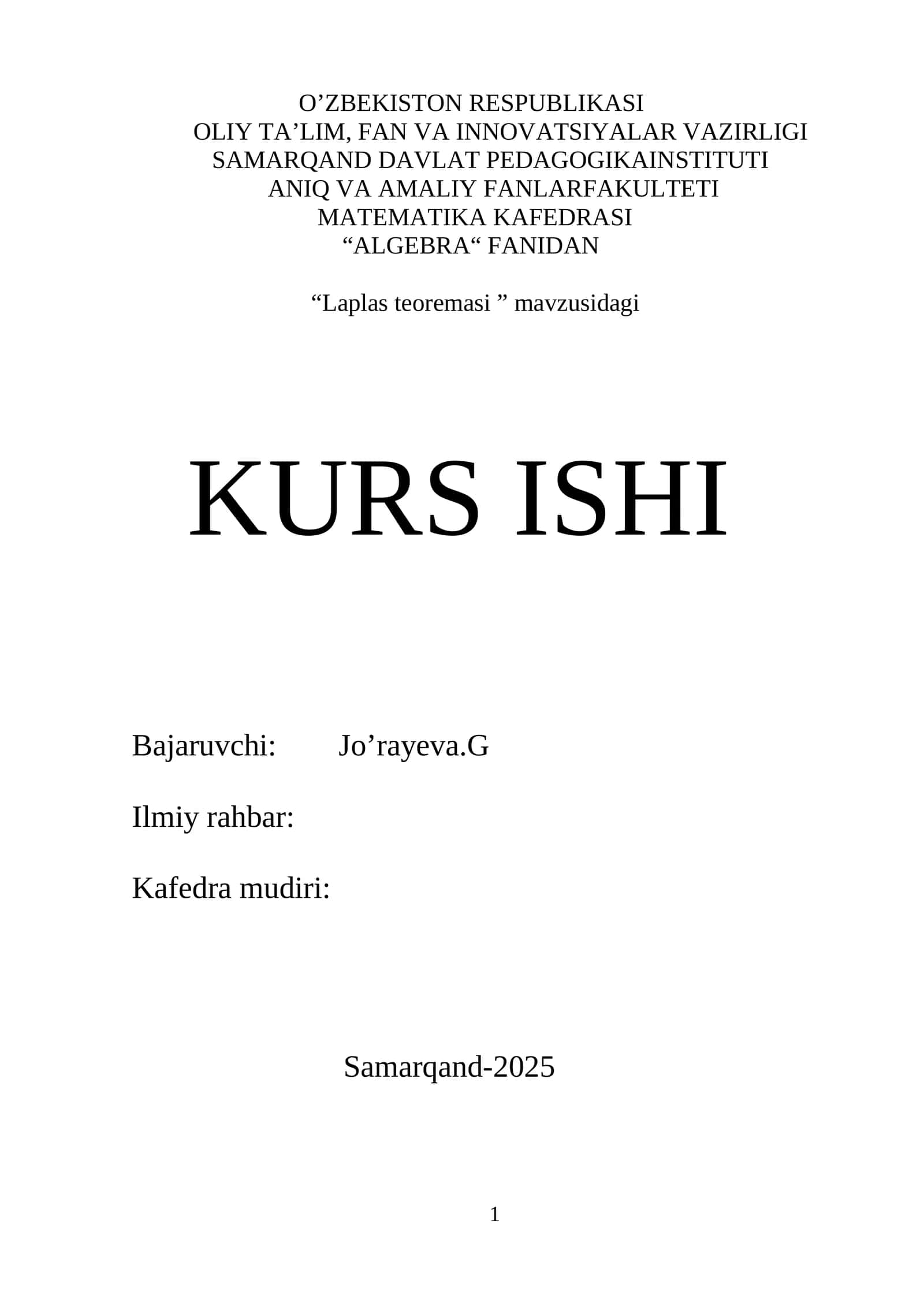 “Laplas teoremasi ” mavzusidagi KURS ISHI 1