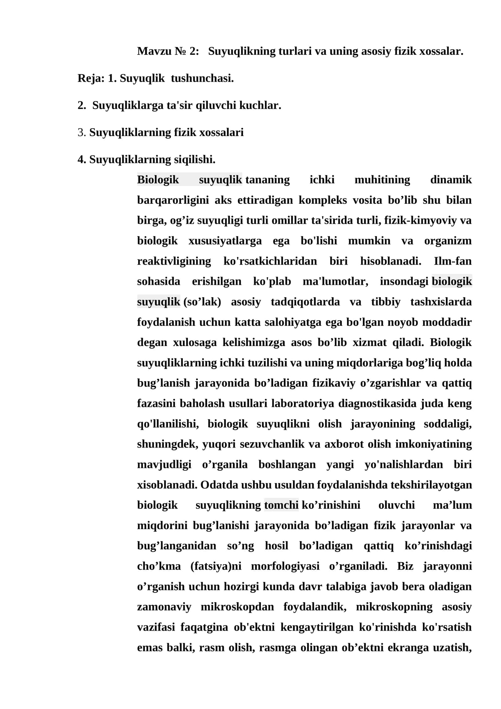 Suyuqlikning turlari va uning asosiy fizik xossalar 1
