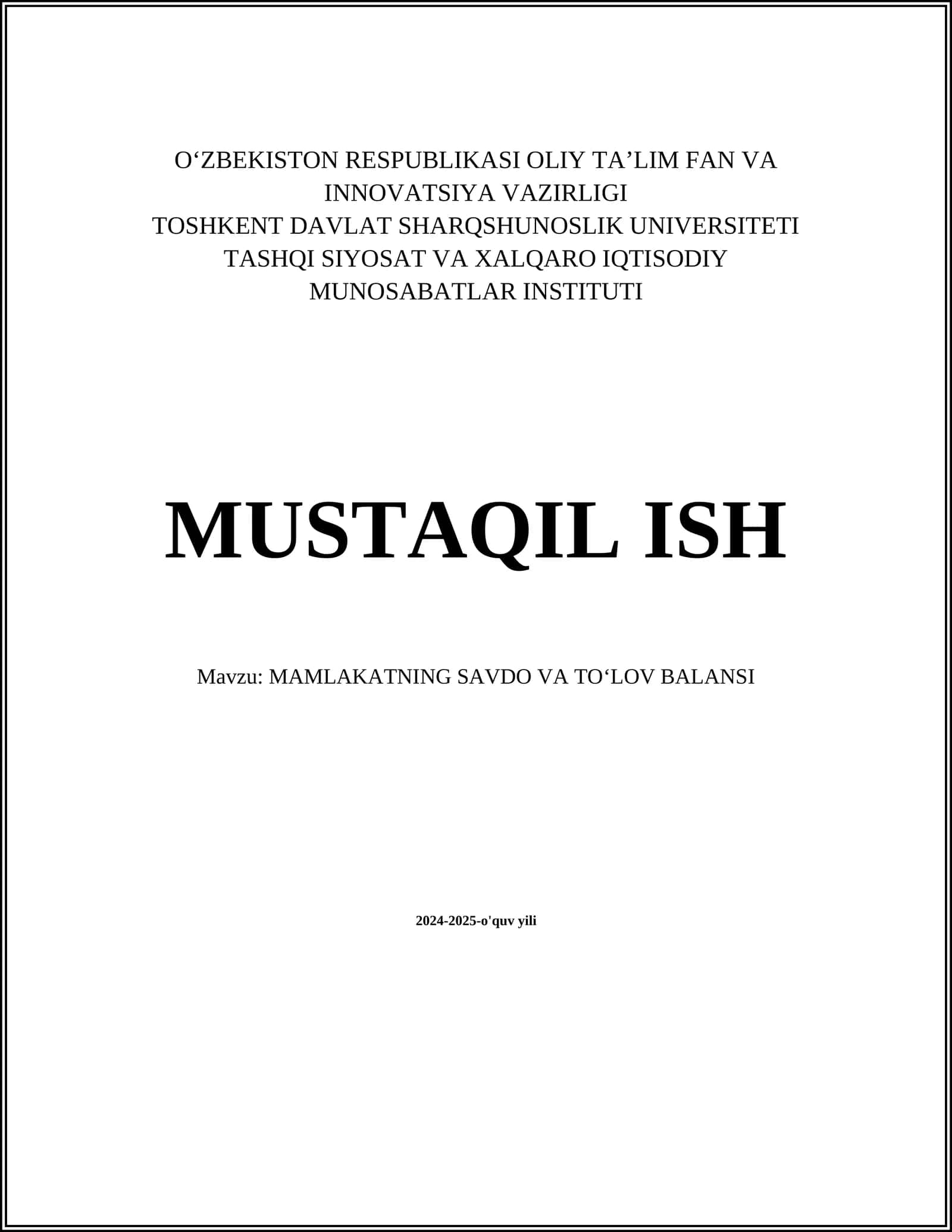 MAMLAKATNING SAVDO VA TOʻLOV BALANSI 1