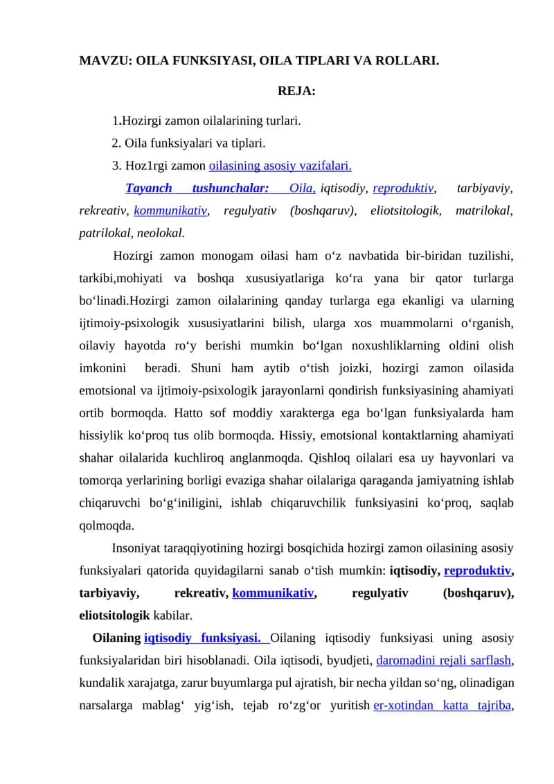 OILA FUNKSIYASI, OILA TIPLARI VA ROLLARI 1