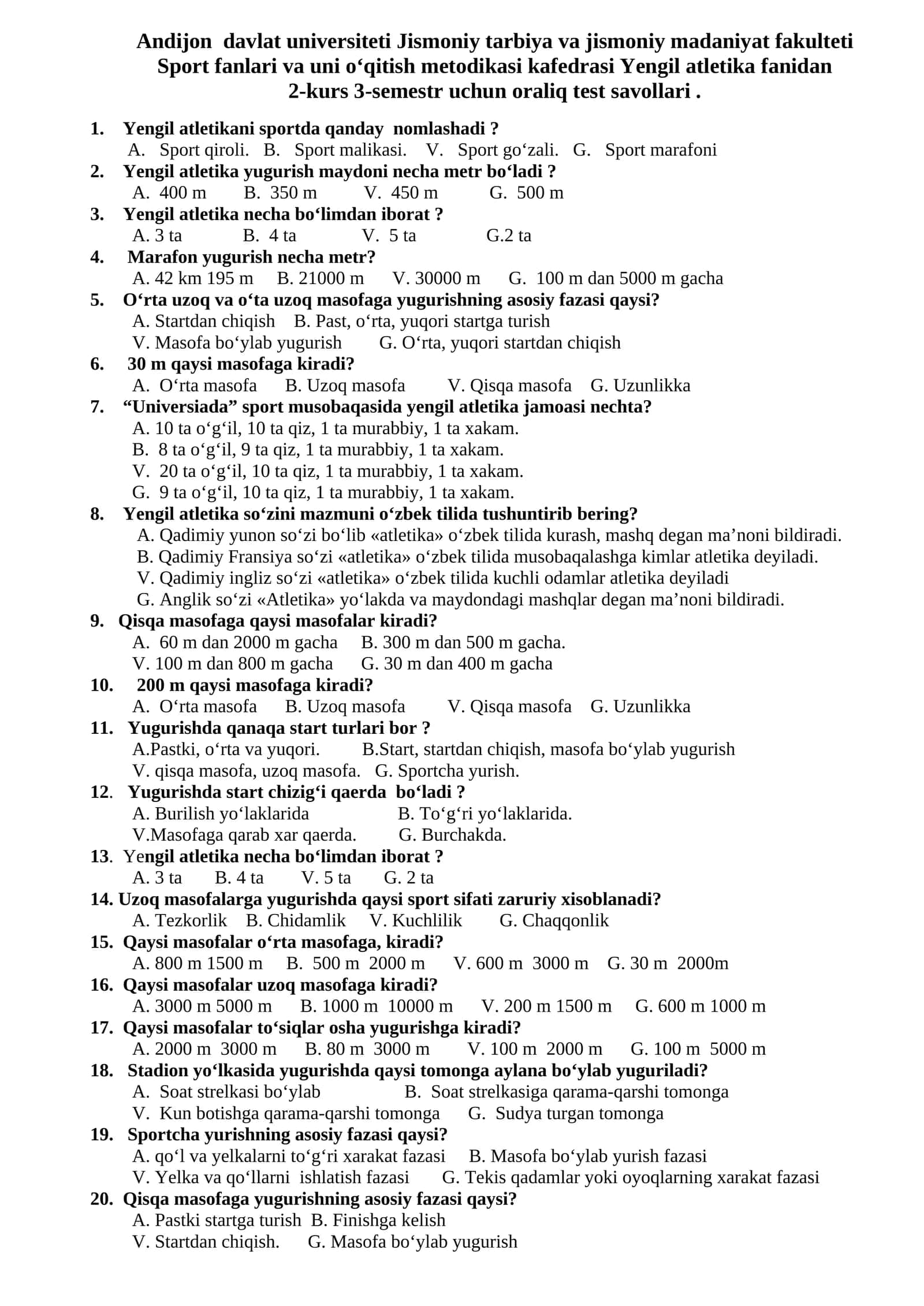 Oraliq test savollari Yengil Atletika fanidan 1