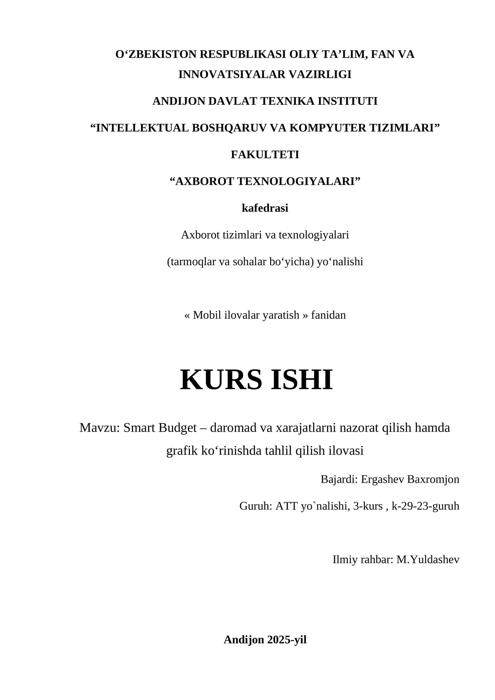 Smart Budget – daromad va xarajatlarni nazorat qilish hamda grafik ko‘rinishda tahlil qilish ilovasi 1