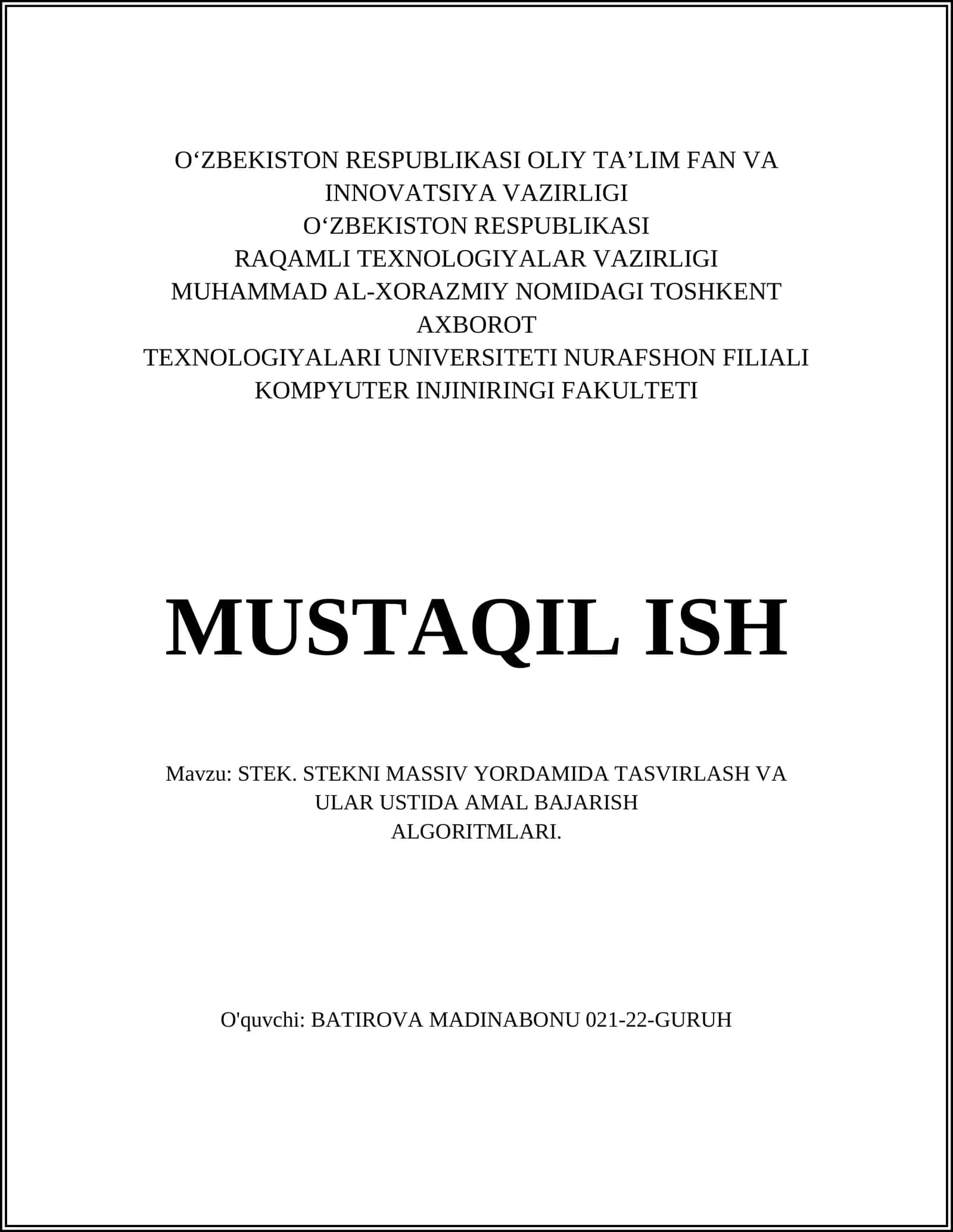 STEK. STEKNI MASSIV YORDAMIDA TASVIRLASH VA ULAR USTIDA AMAL BAJARISH ALGORITMLARI 1