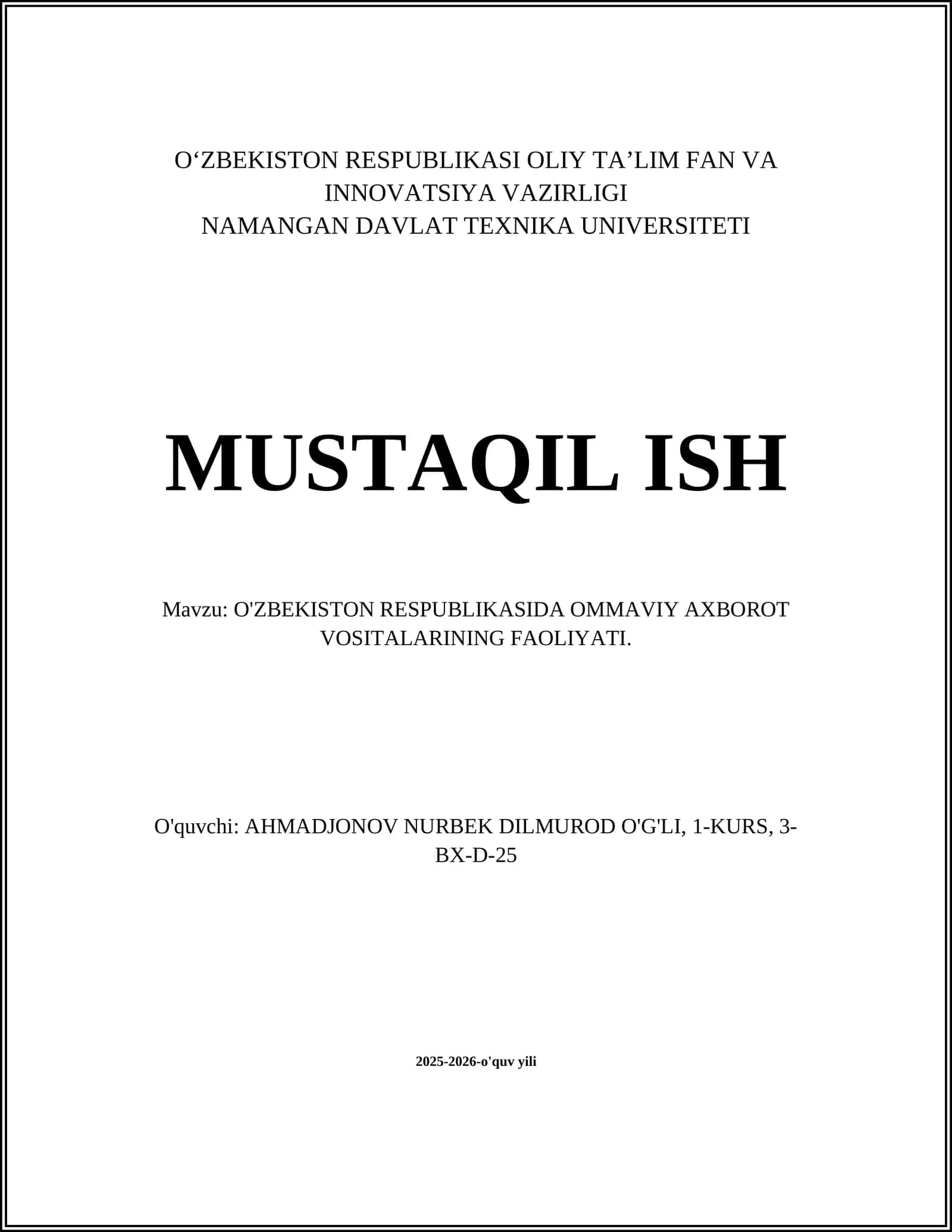 O'ZBEKISTON RESPUBLIKASIDA OMMAVIY AXBOROT VOSITALARINING FAOLIYATI 1