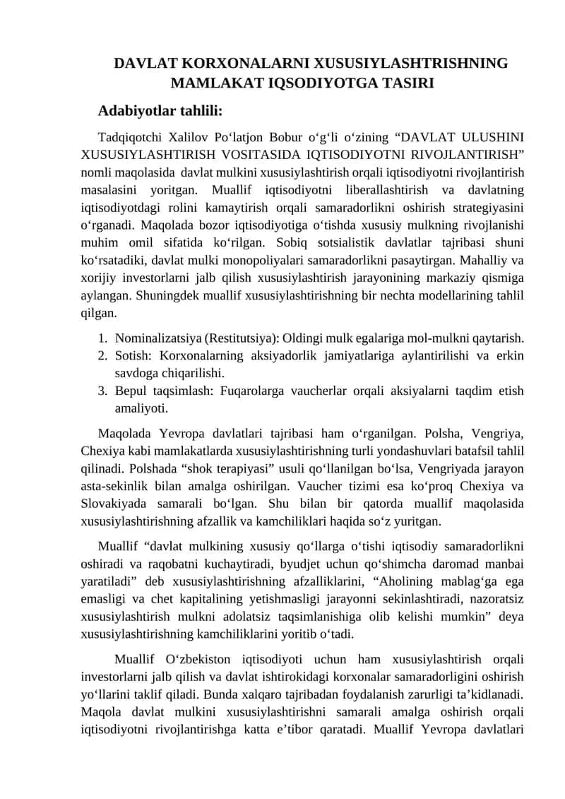 DAVLAT KORXONALARNI XUSUSIYLASHTRISHNING MAMLAKAT IQSODIYOTGA TASIRI 1