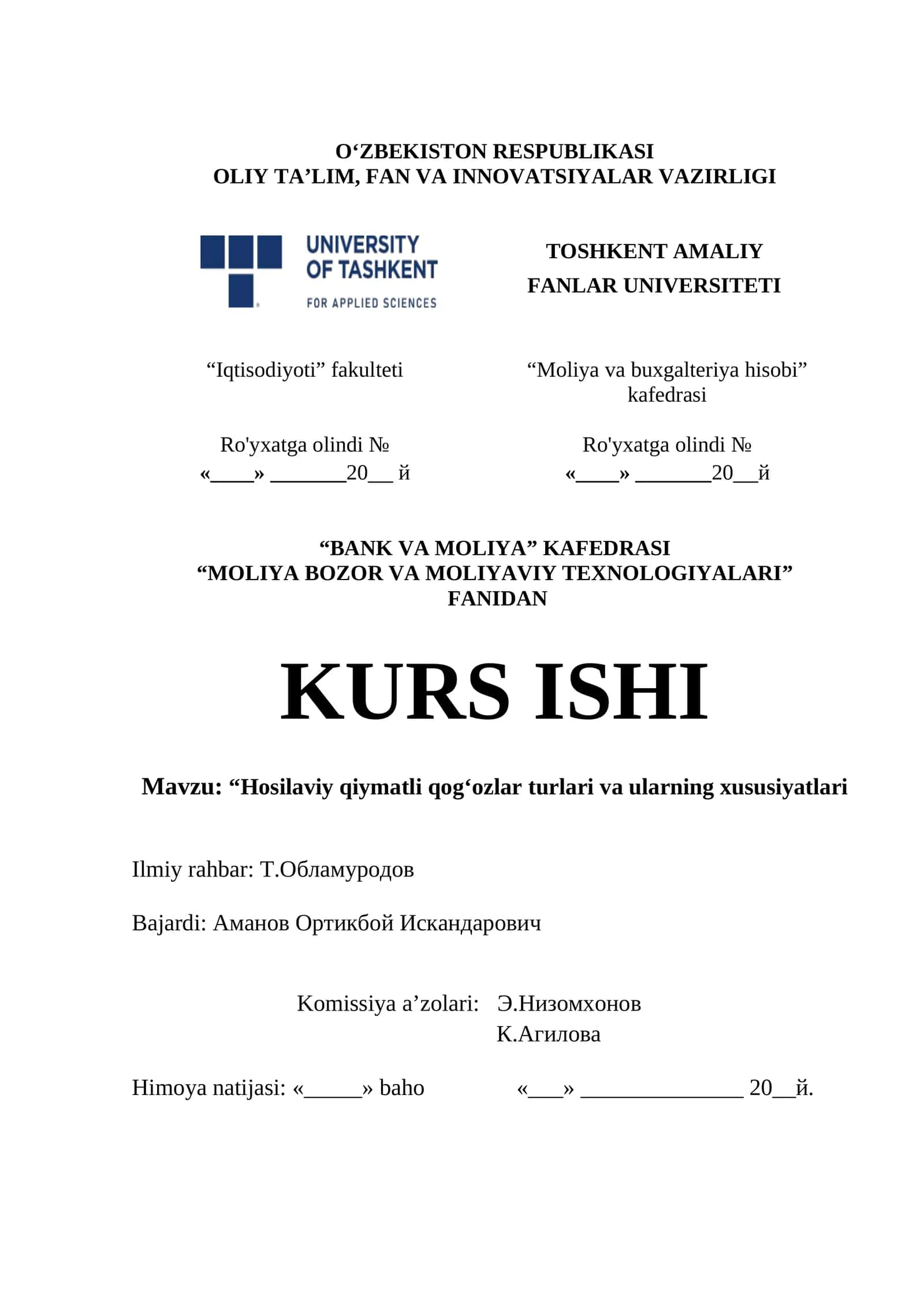 "Hosilaviy qiymatli qog‘ozlar turlari va ularning xususiyatlari" 1