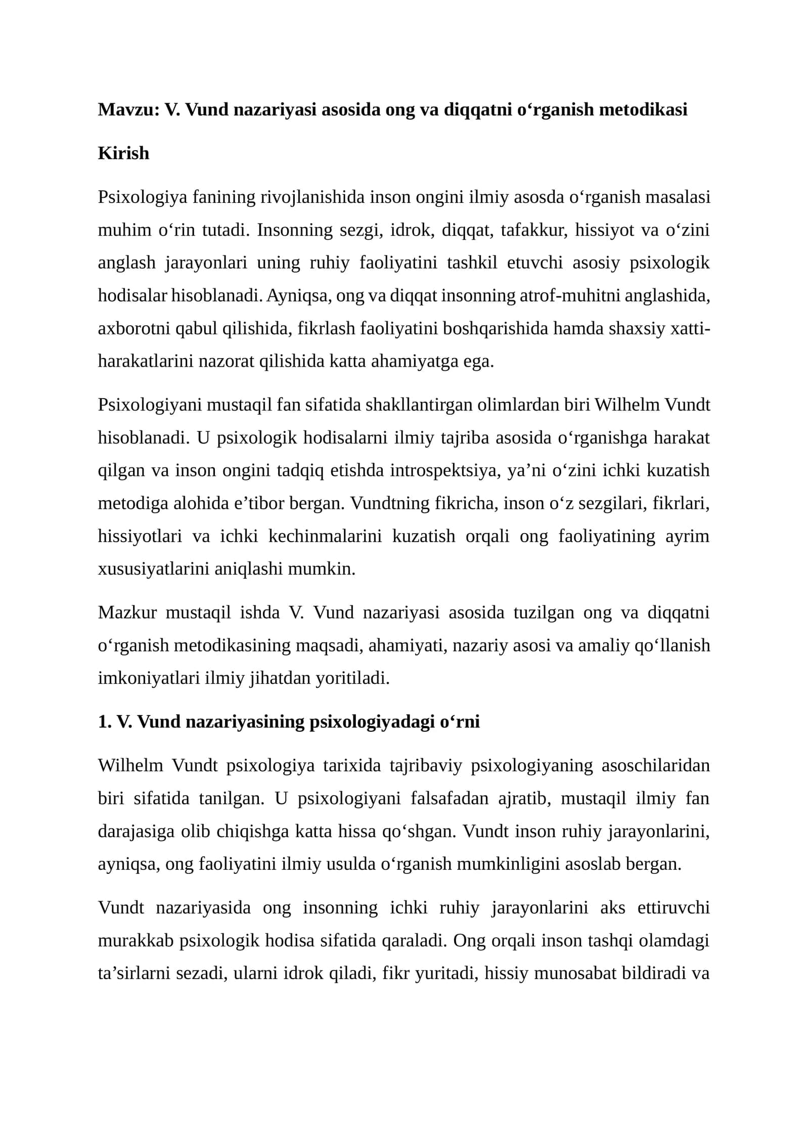 V. Vund nazariyasi asosida ong va diqqatni o‘rganish metodikasi 1
