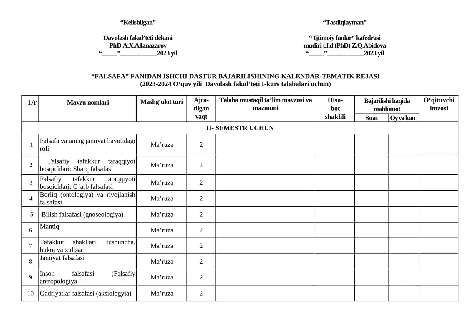 FALSAFA FANIDAN ISHCHI DASTUR BAJARILISHINING KALENDAR-TEMATIK REJASI 1