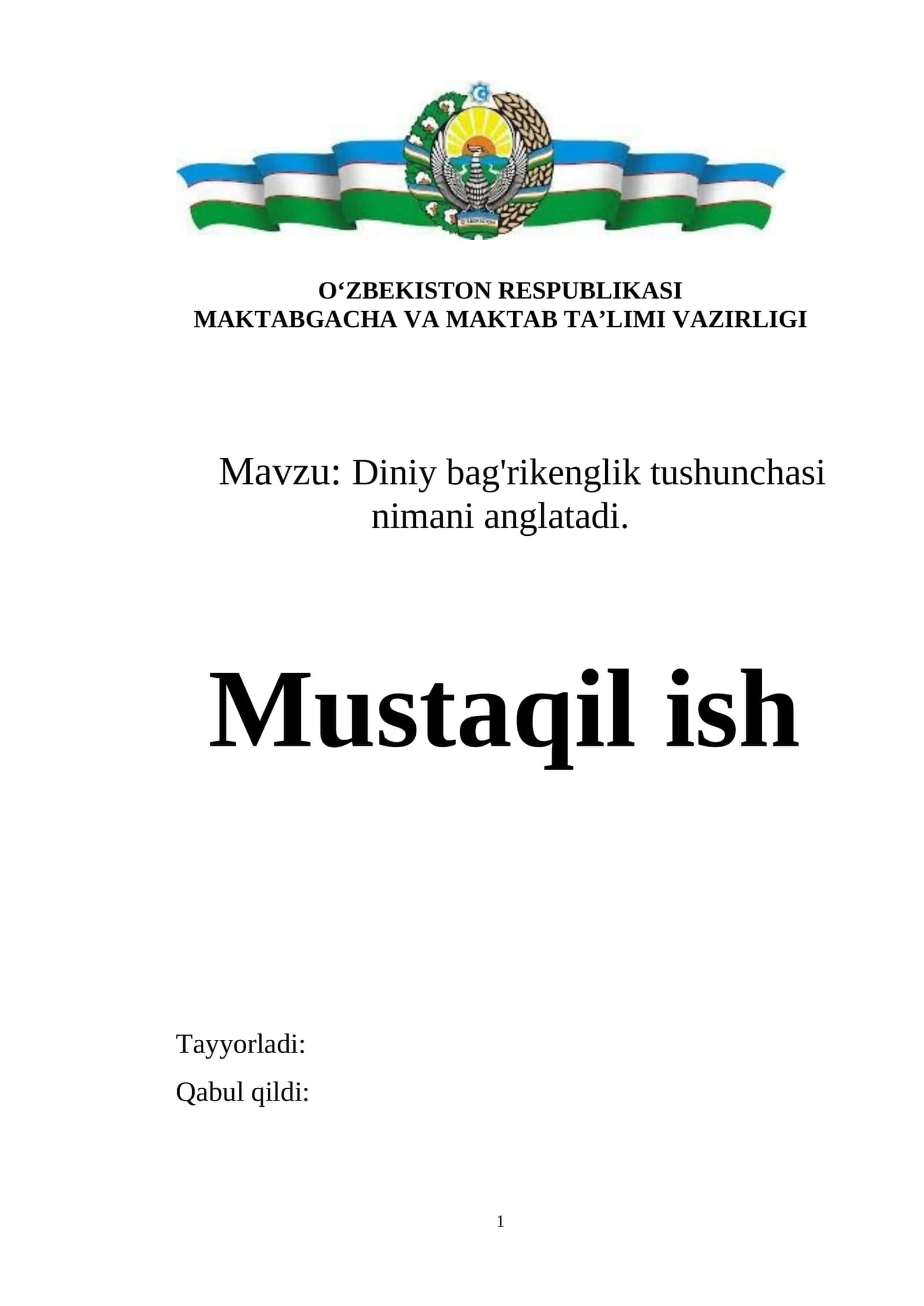 Diniy bag'rikenglik tushunchasi nimani anglatadi. 1
