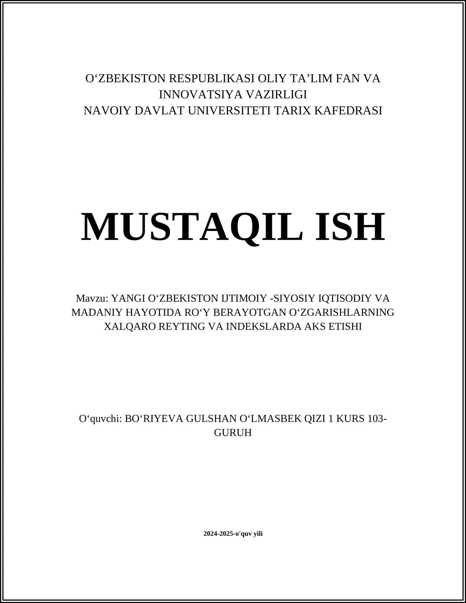 YANGI OʻZBEKISTON IJTIMOIY -SIYOSIY IQTISODIY VA MADANIY HAYOTIDA ROʻY BERAYOTGAN OʻZGARISHLARNING XALQARO REYTING VA INDEKSLARDA AKS ETISHI 1