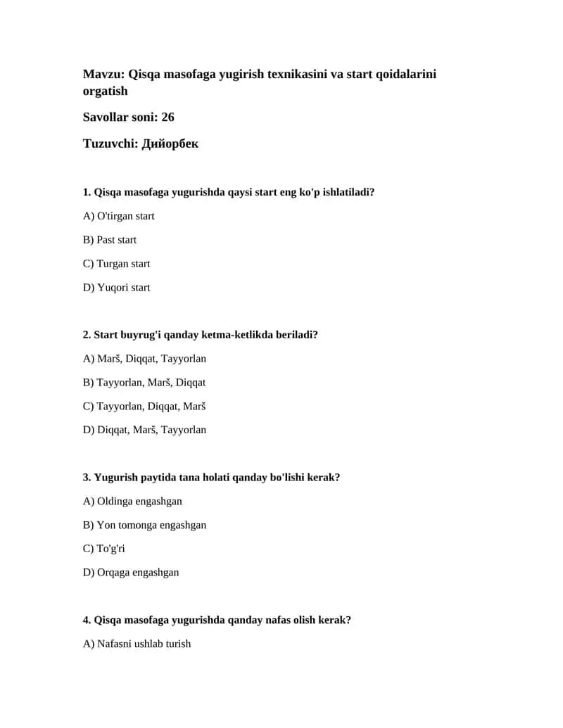 Qisqa masofaga yugirish texnikasini va start qoidalarini orgatish 1