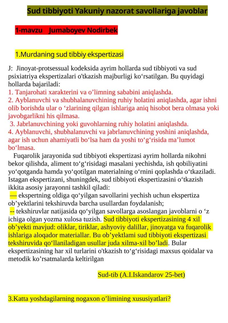 Sud tibbiyoti Yakuniy nazorat savollariga javoblar 1