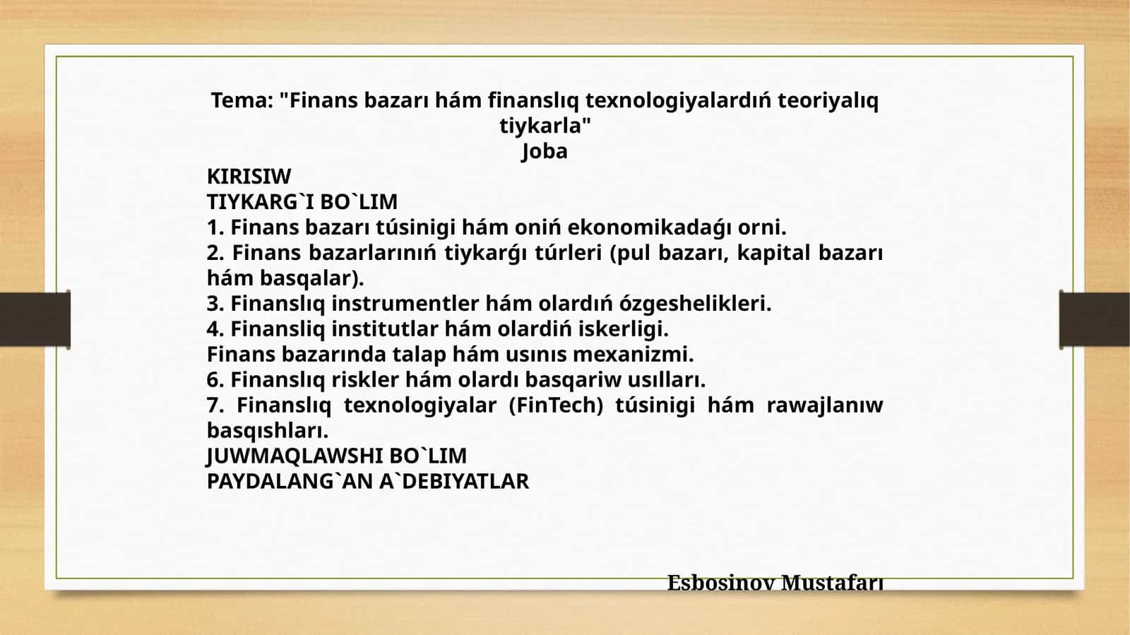 Finans bazarı hám finanslıq texnologiyalardıń teoriyalıq tiykarla 1
