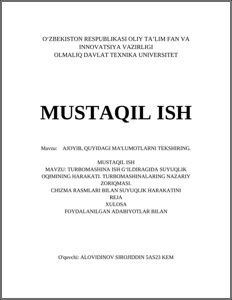 TURBOMASHINA ISH GʻILDIRAGIDA SUYUQLIK OQIMINING HARAKATI. TURBOMASHINALARING NAZARIY ZORIQMASI 1