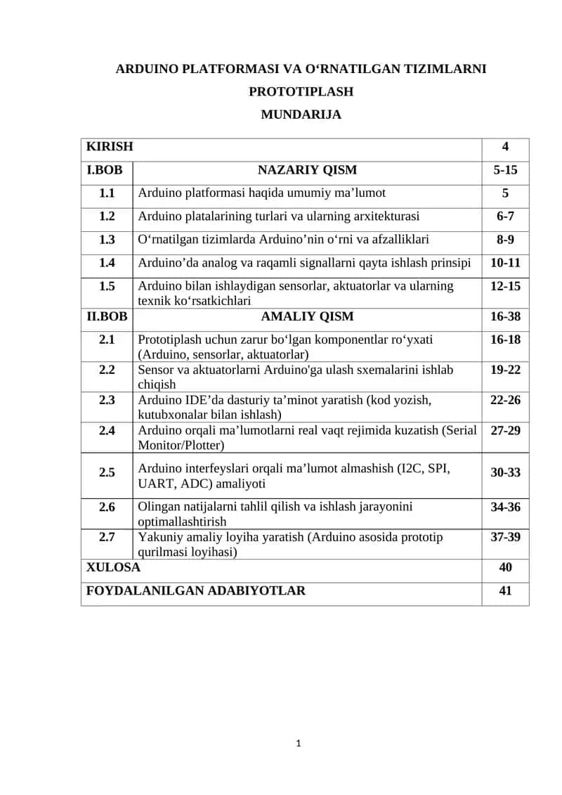Arduino Platformasi va O‘rnatilgan Tizimlarni Prototiplash 1