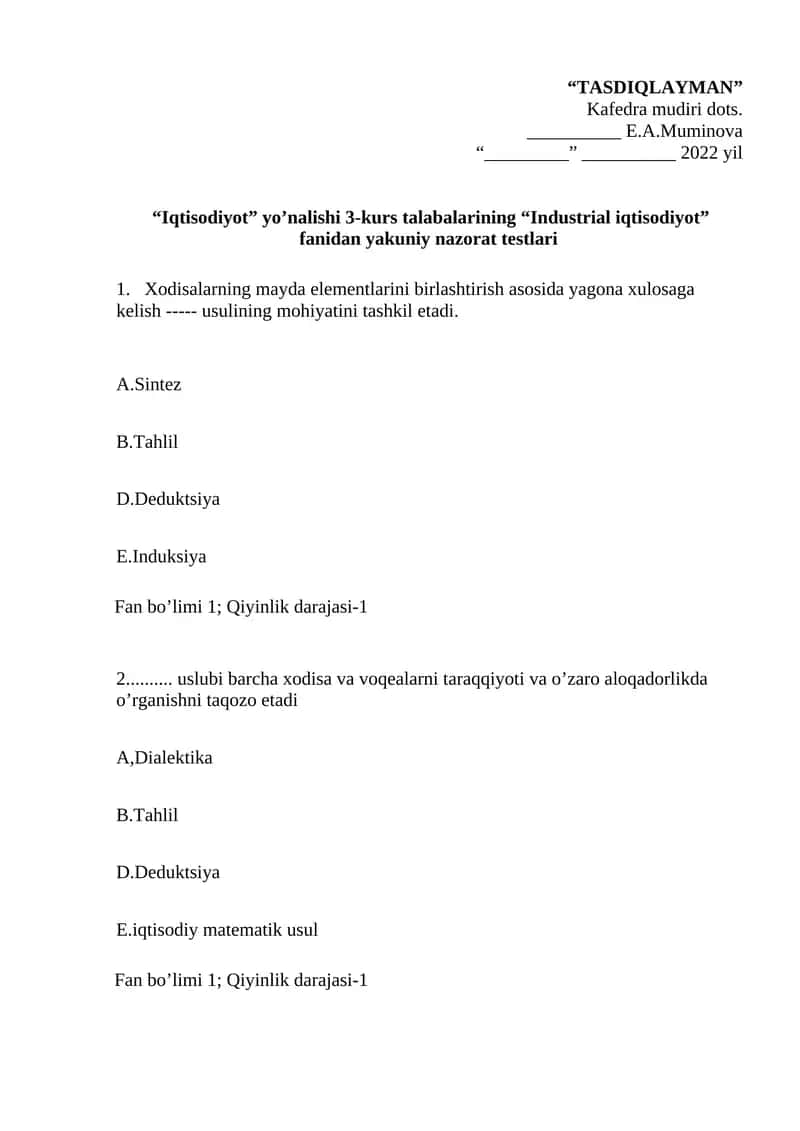 Iqtisodiyot nazorat testlari 1