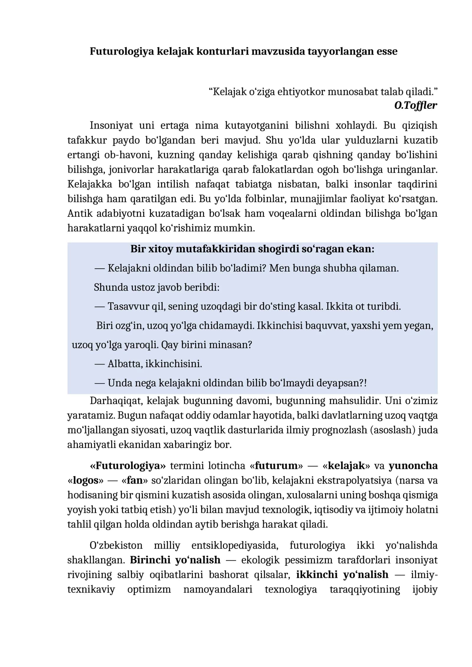 Futurologiya kelajak konturlari mavzusida tayyorlangan esse 1