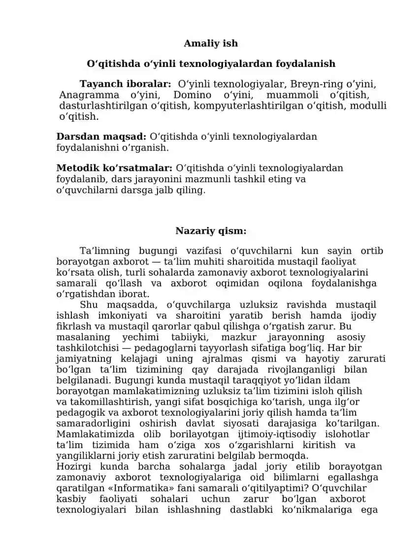 O'qitishda o'yin texnologiyalaridan foydalanish
