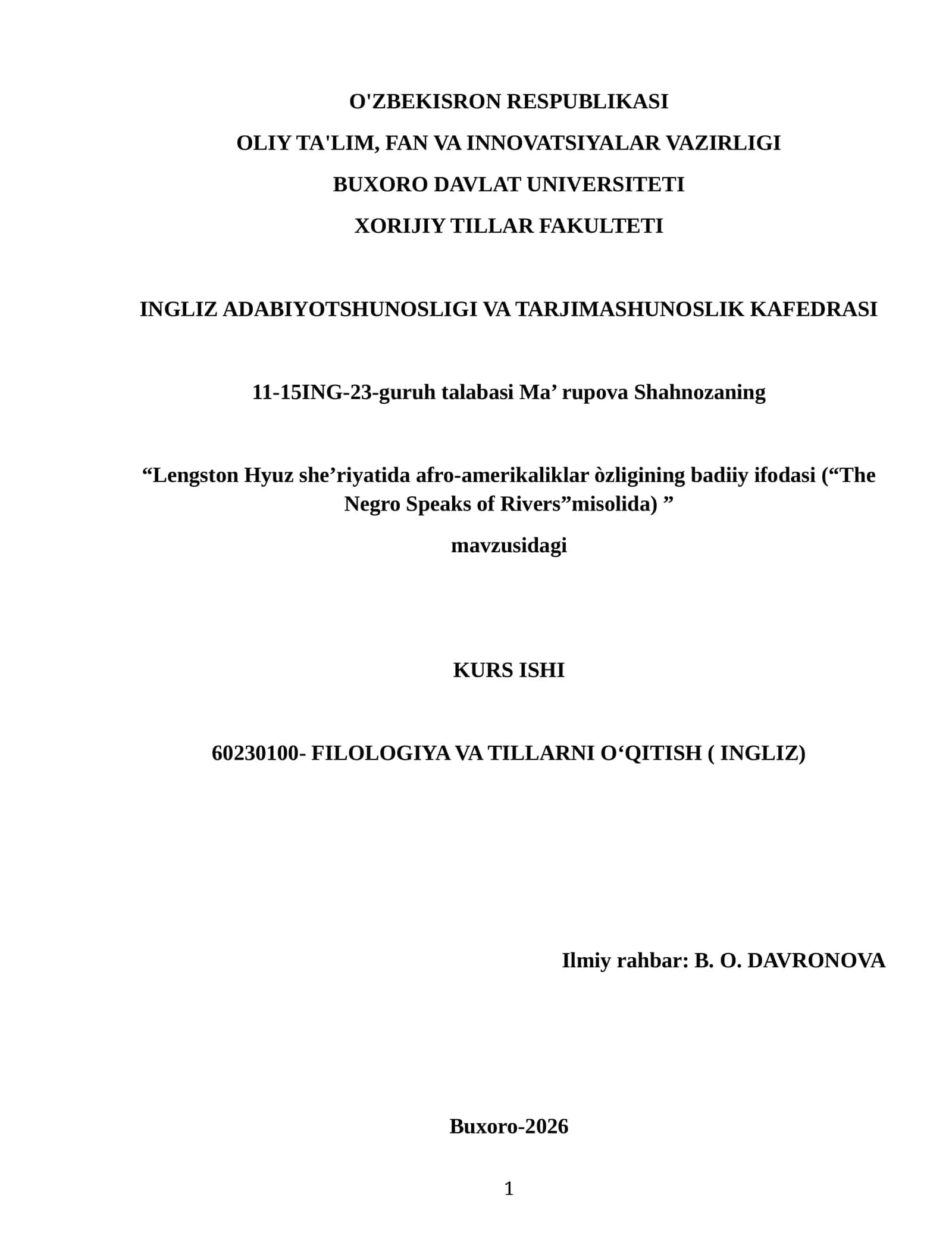 Lengston Hyuz she’riyatida afro-amerikaliklar òzligining badiiy ifodasi (“The Negro Speaks of Rivers”misolida) 1
