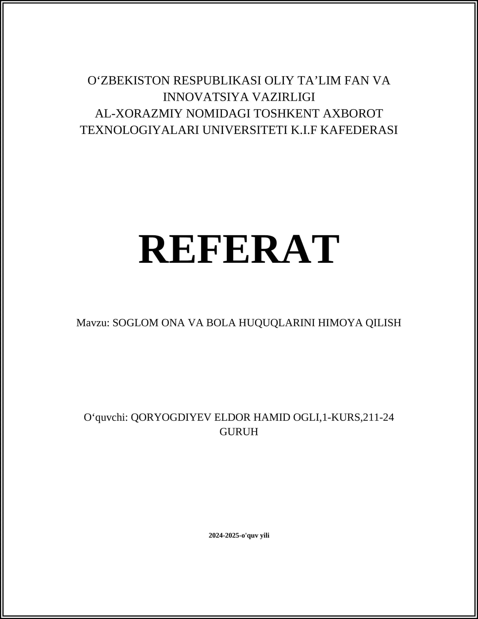 SOG‘LOM ONA VA BOLA HUQUQLARINI HIMOYA QILISH 1