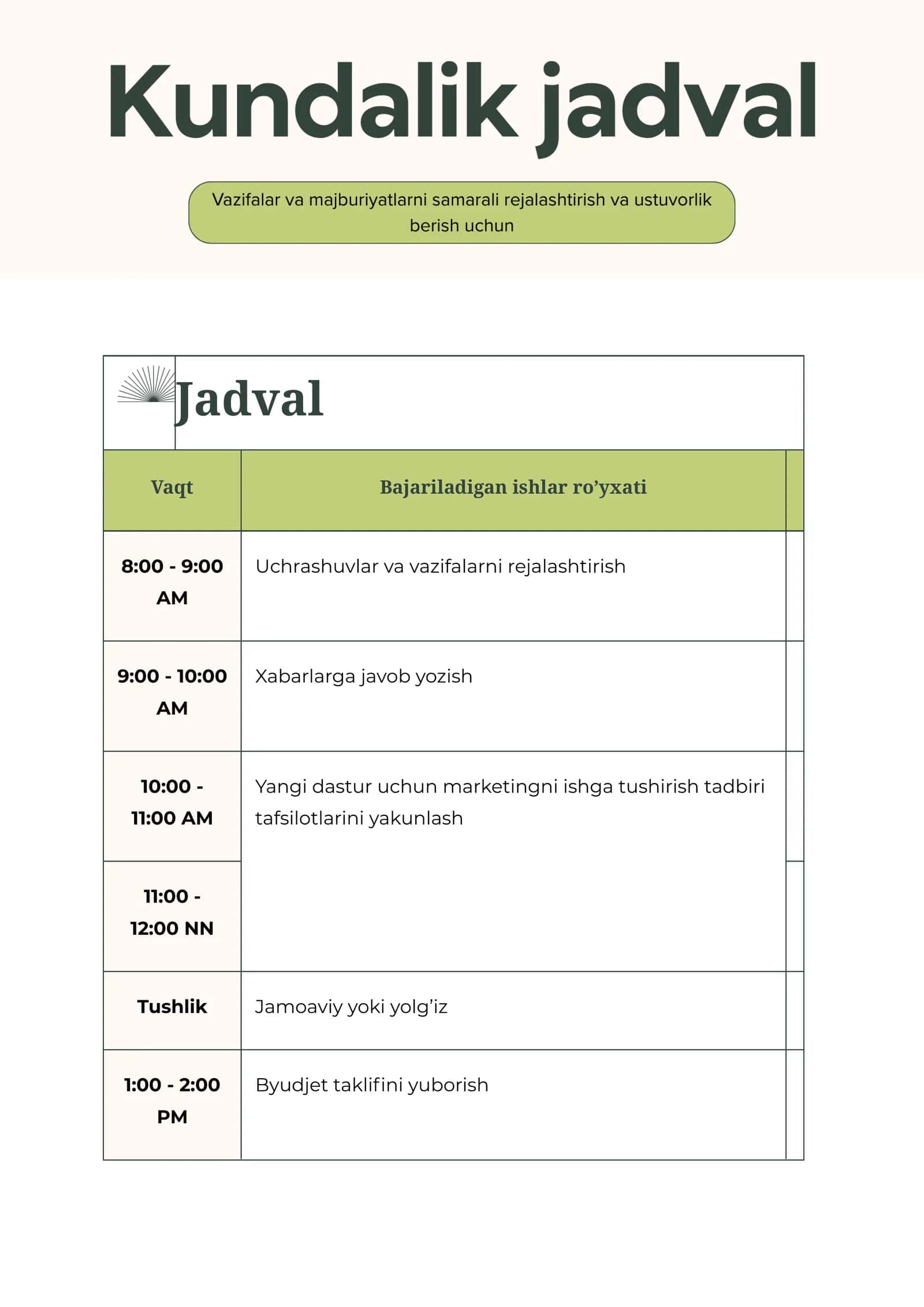 Kunlik jadval Agenda 1