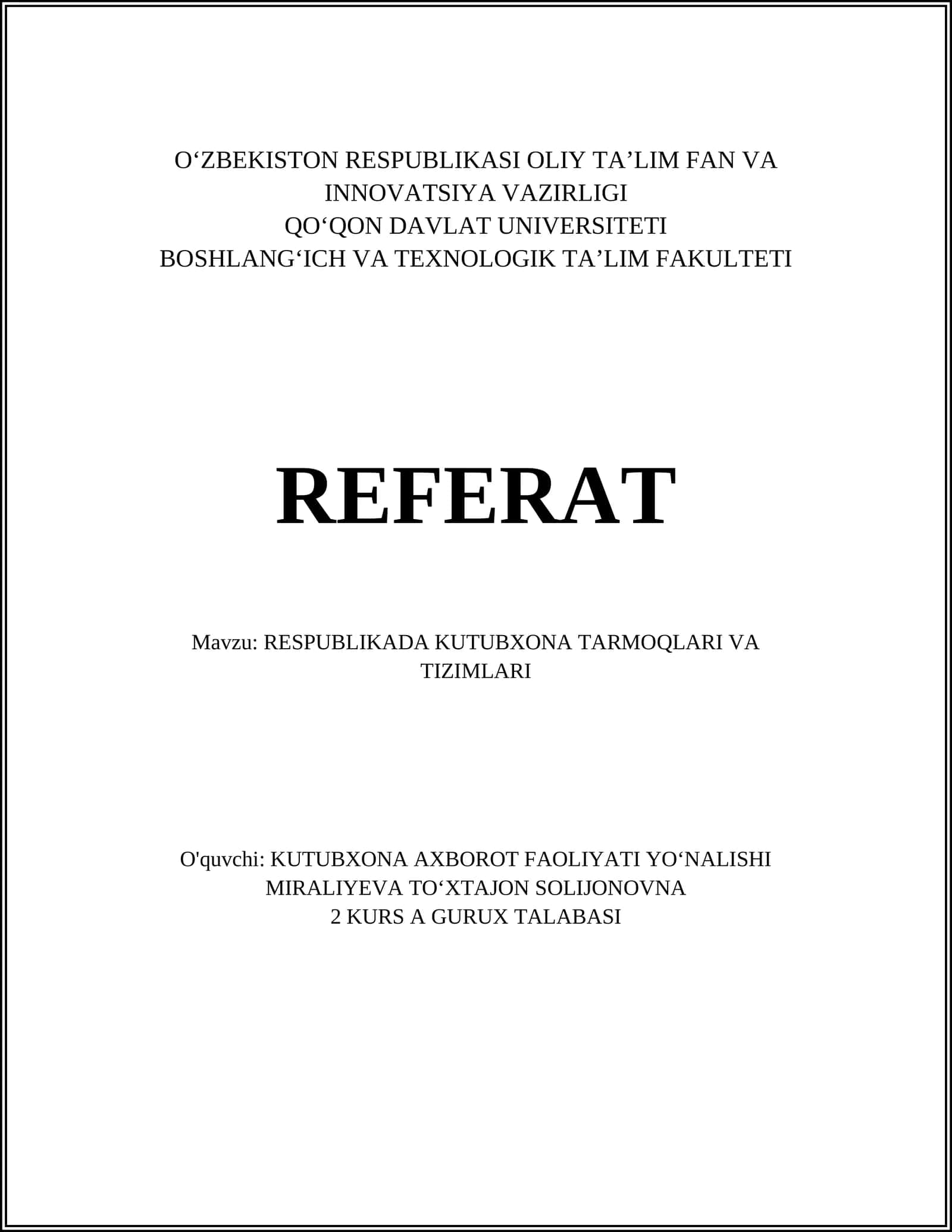 RESPUBLIKADA KUTUBXONA TARMOQLARI VA TIZIMLARI 1