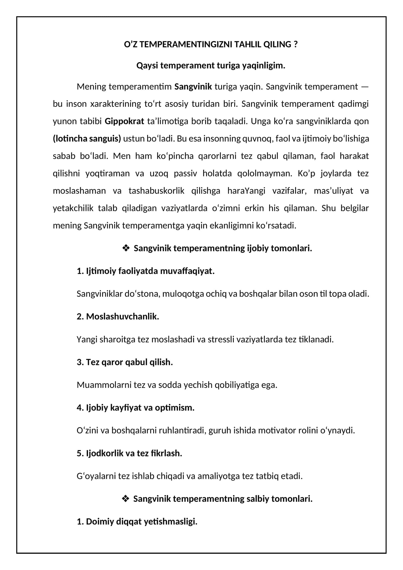 O’Z TEMPERAMENTINGIZNI TAHLIL QILING? 1