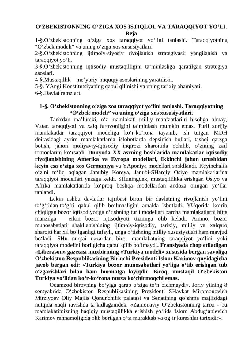 O‘ZBEKISTONNING O‘ZIGA XOS ISTIQLOL VA TARAQQIYOT YO‘LI 1