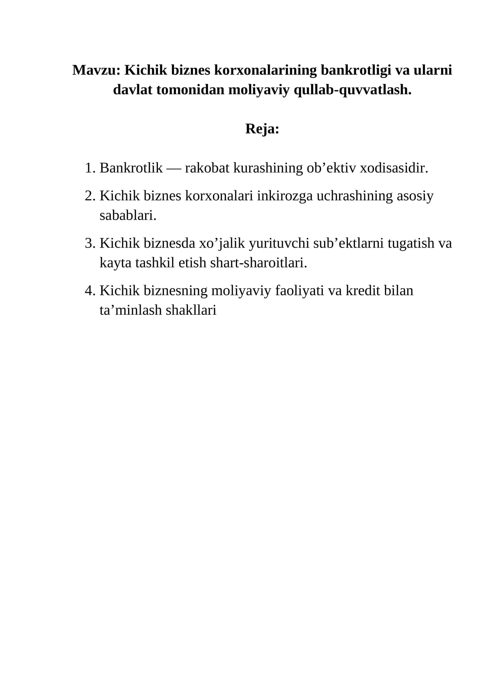Kichik biznes korxonalarining bankrotligi va ularni davlat tomonidan moliyaviy qo'llab-quvvatlash 1