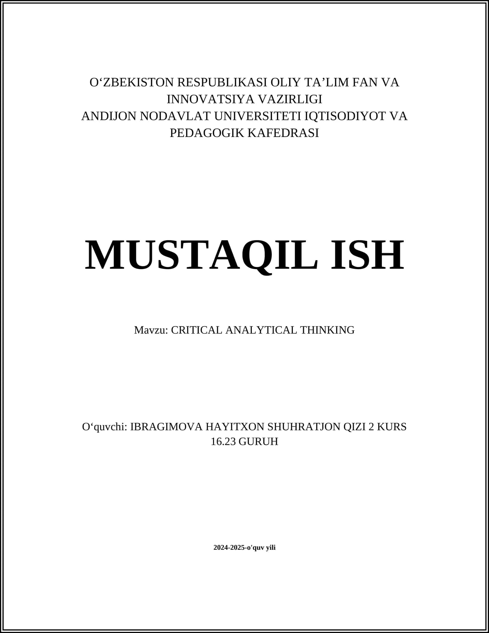 CRITICAL ANALYTICAL THINKING 1
