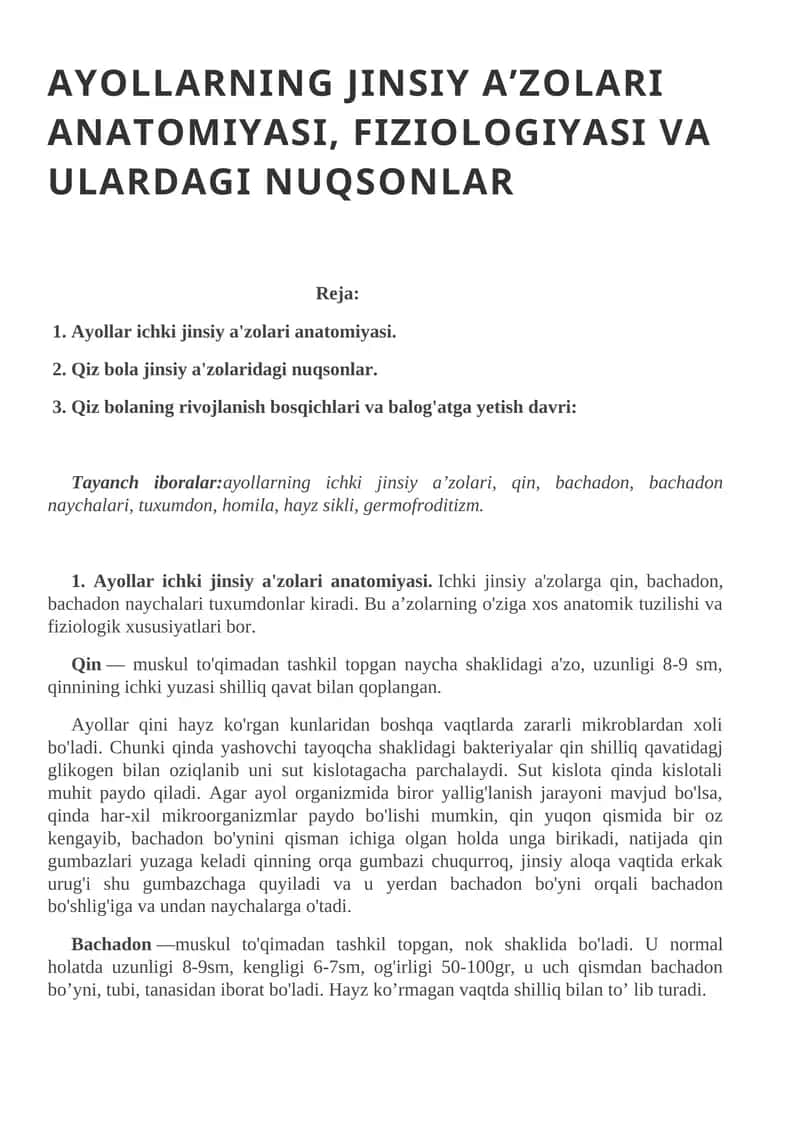 Ayollar ichki jinsiy a'zolari anatomiyasi 1
