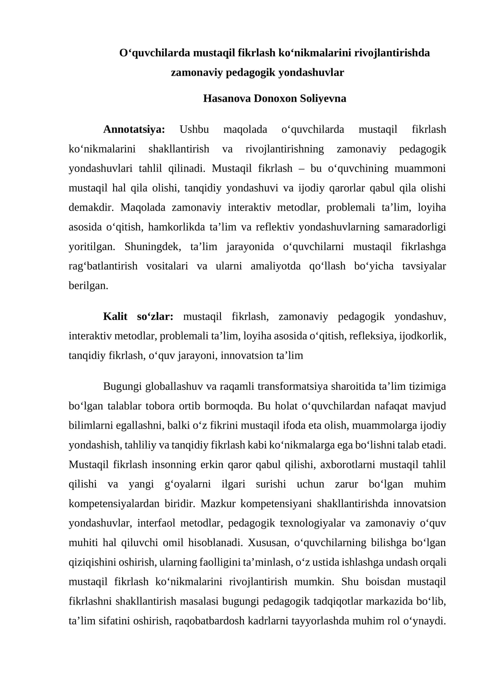 O‘quvchilarda mustaqil fikrlash ko‘nikmalarini rivojlantirishda zamonaviy pedagogik yondashuvlar 1