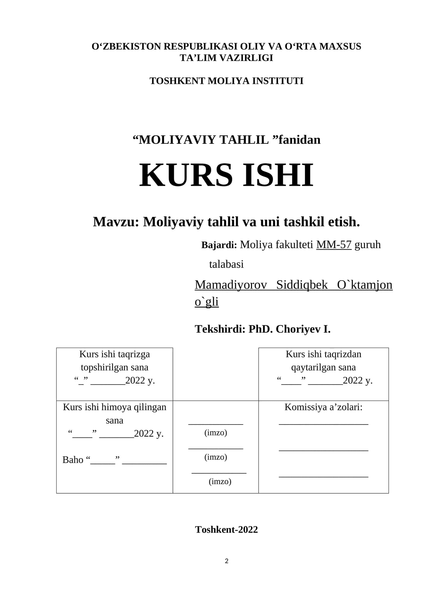 Moliyaviy tahlil va uni tashkil etish 1