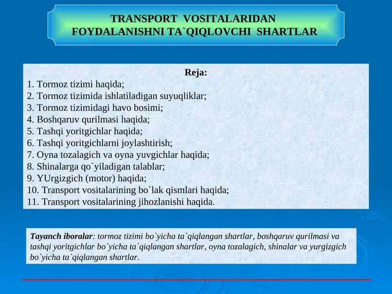 TRANSPORT VOSITALARIDAN FOYDALANISHNITA`QIQLOVCHI SHARTLAR 1