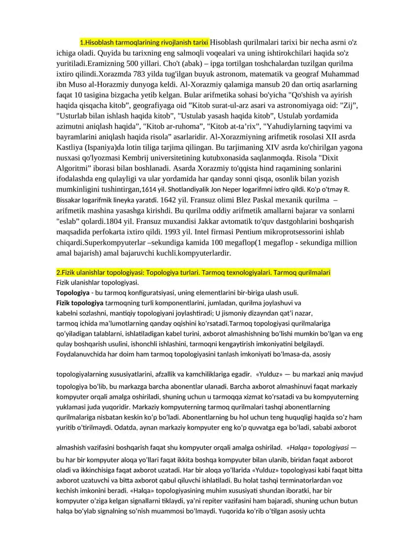 Hisoblash tarmoqlarining rivojlanish tarixi 1