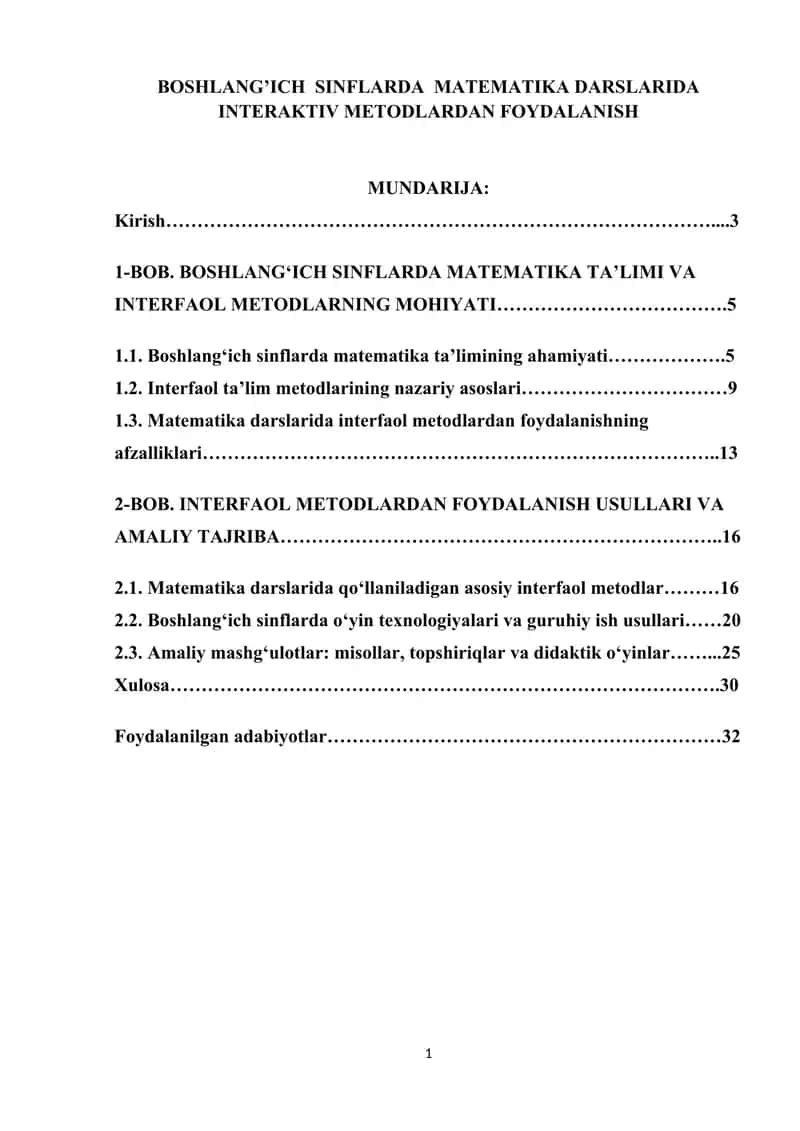 BOSHLANG’ICH  SINFLARDA  MATEMATIKA DARSLARIDA INTERAKTIV METODLARDAN FOYDALANISH 1