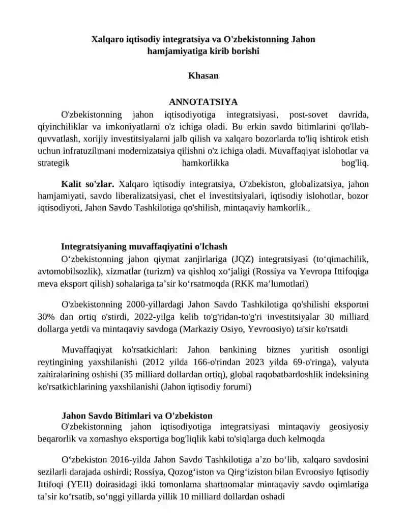 Xalqaro iqtisodiy integratsiya va O'zbekistonning Jahon hamjamiyatiga kirib borishi