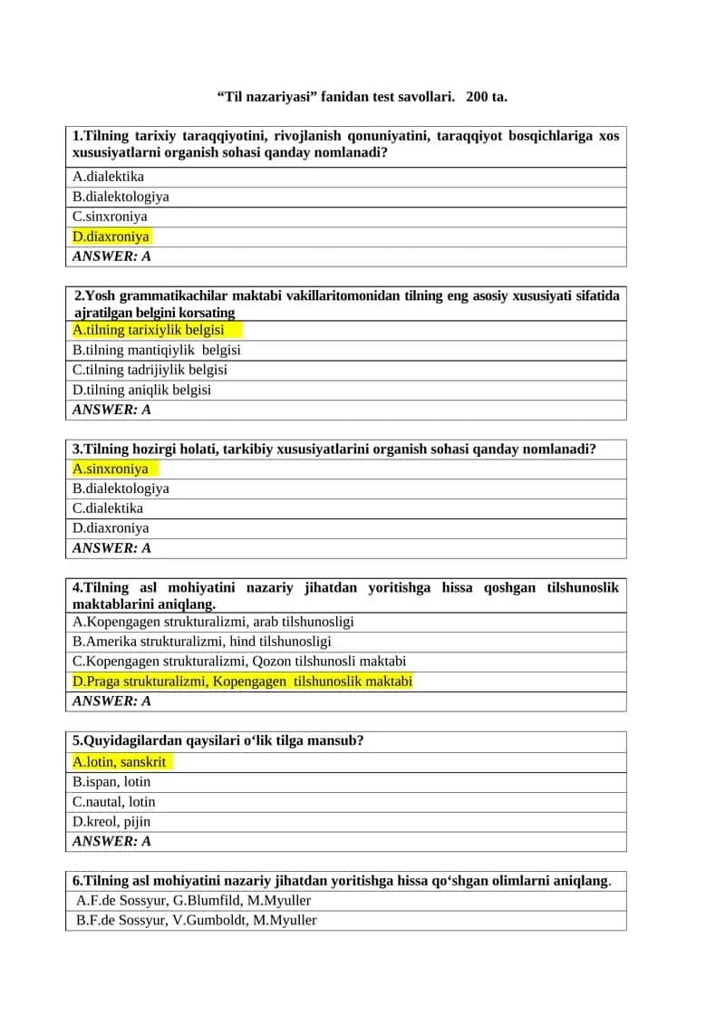 Til nazariyasi fanidan test savollari 1