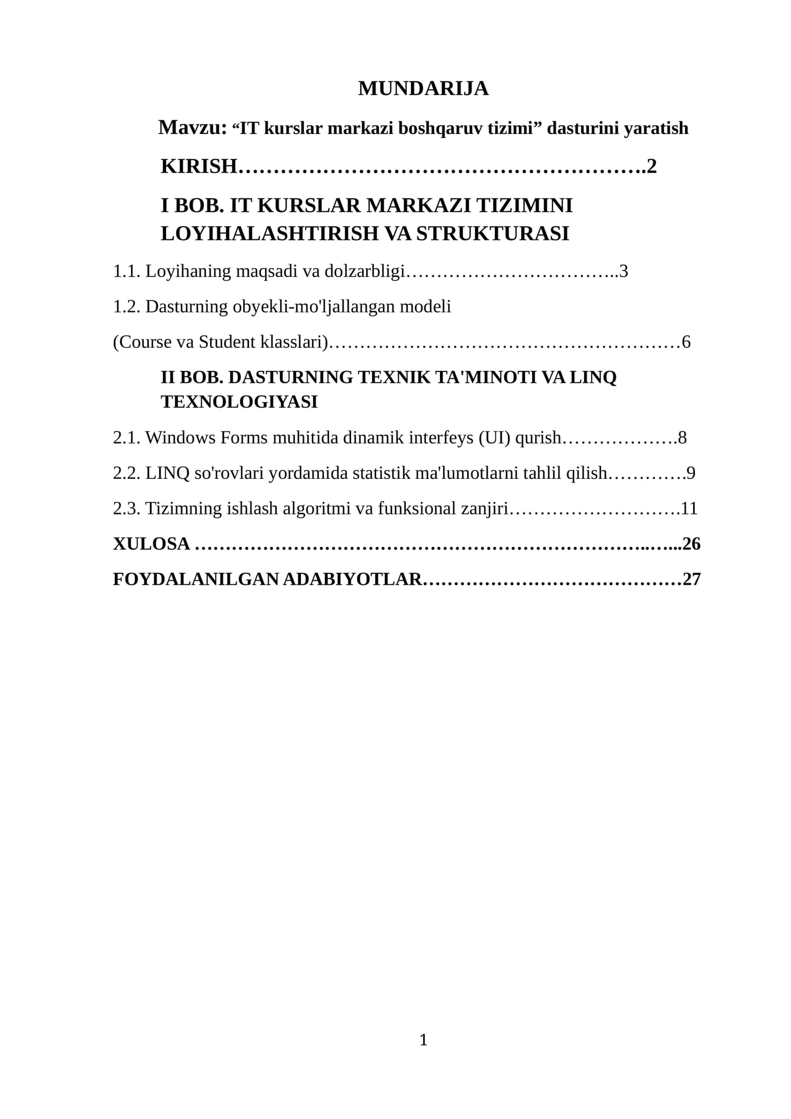 “IT kurslar markazi boshqaruv tizimi” dasturini yaratish 1