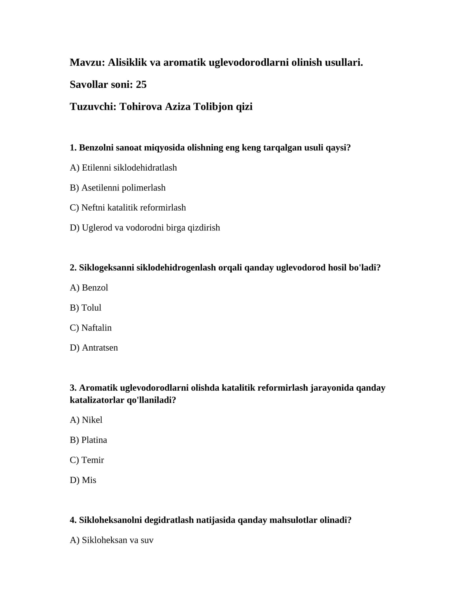 Alisikliklik va aromatik uglevodorodlarni olinish usullari 1