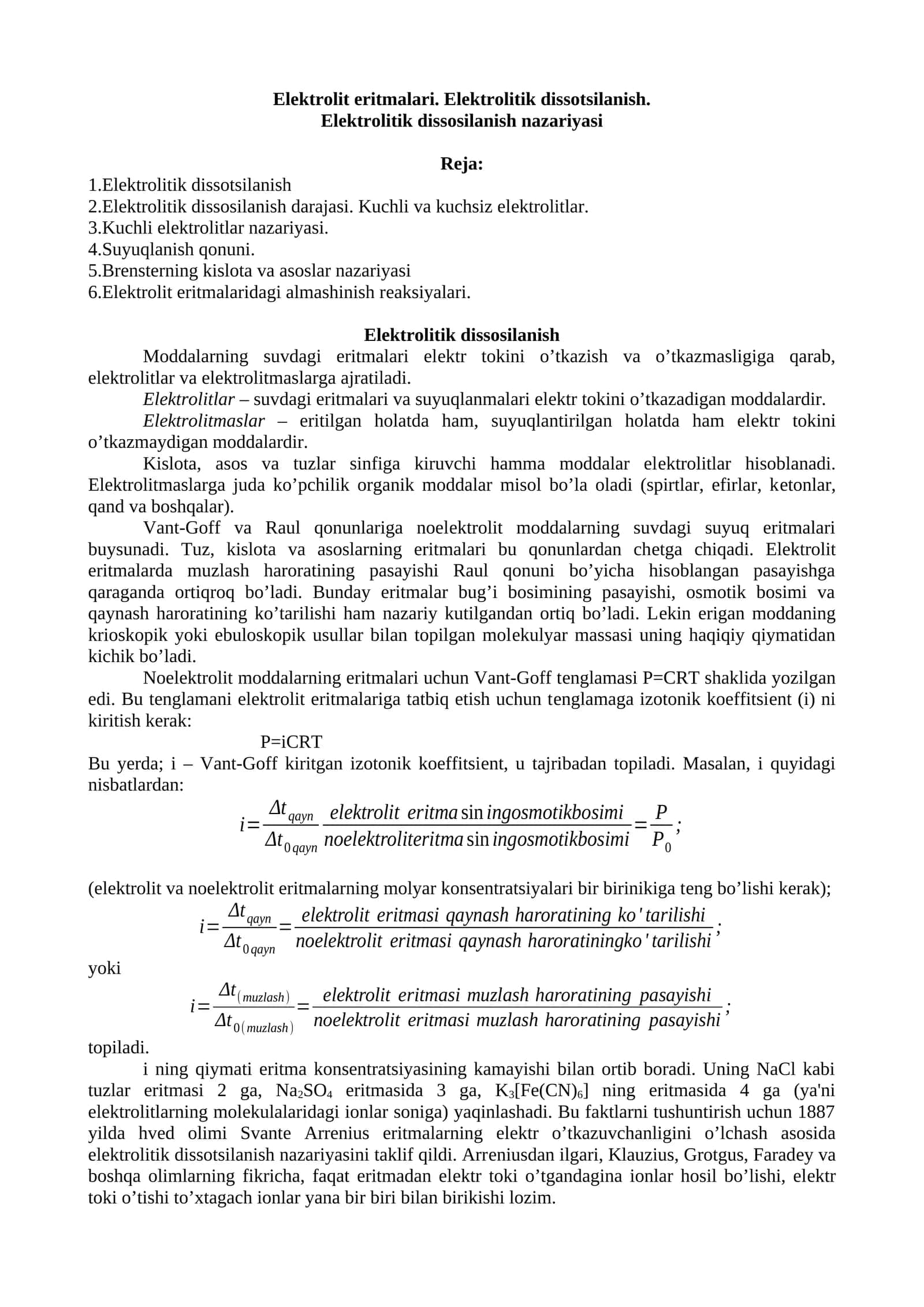 Elektrolit eritmalari. Elektrolitik dissotsilanish 1