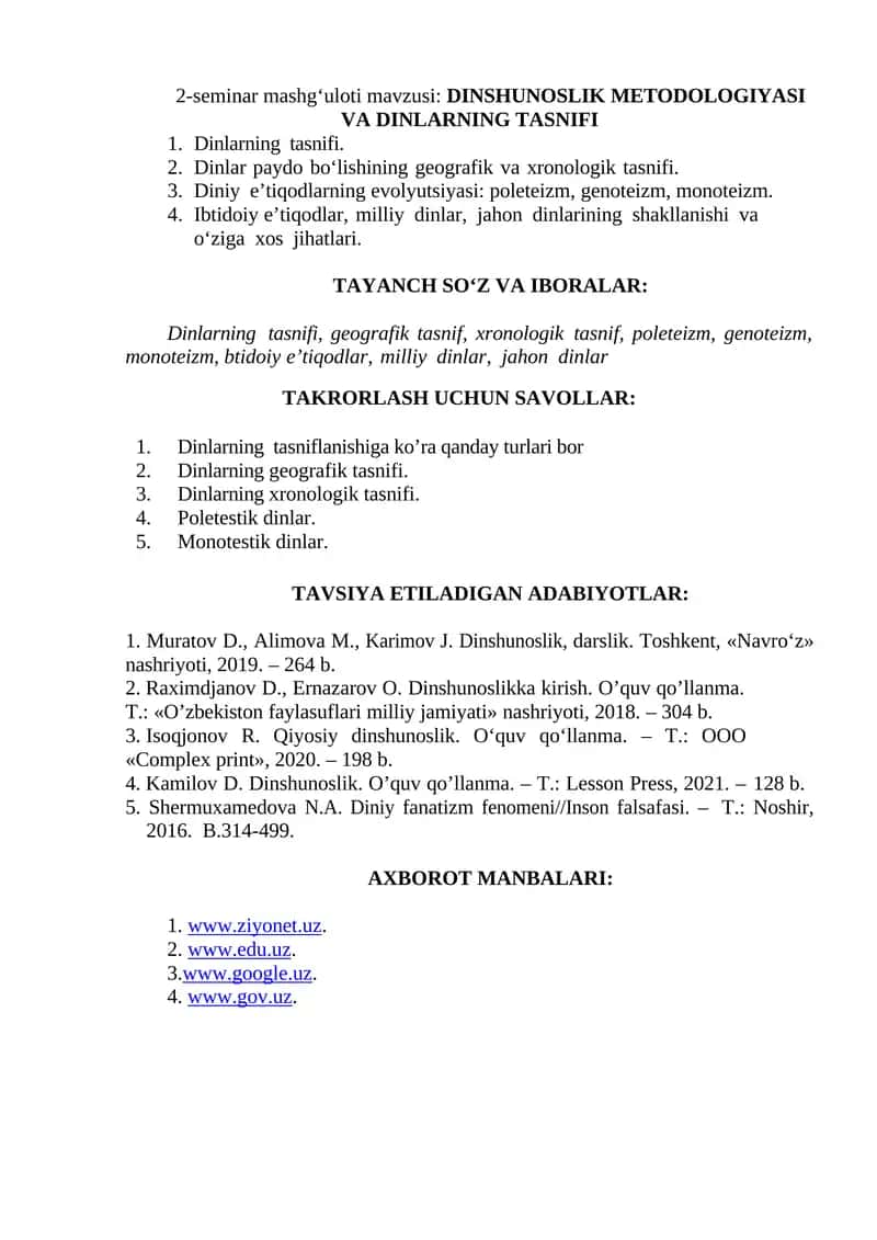 DINSHUNOSLIK METODOLOGIYASI VA DINLARNING TASNIFI 1