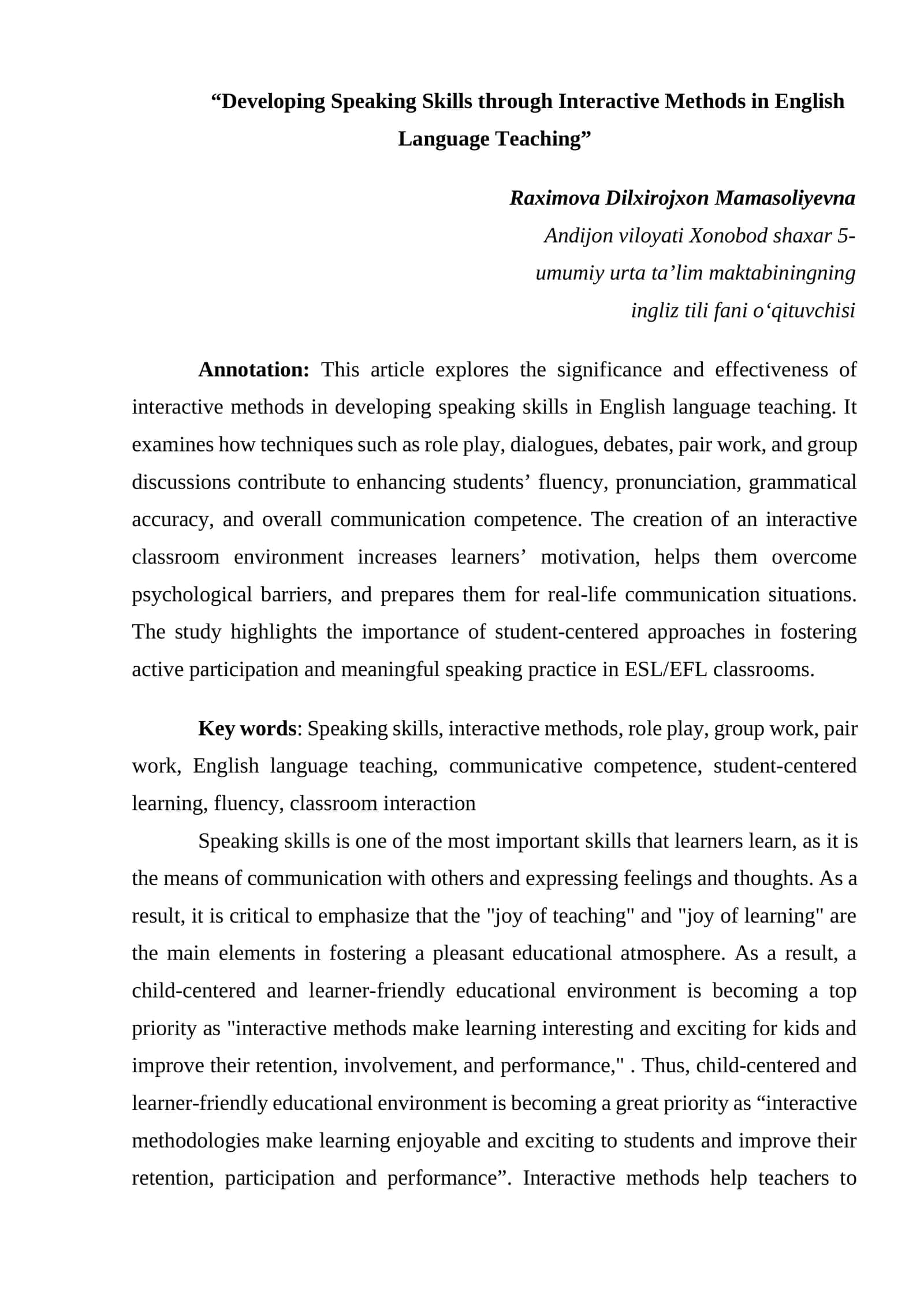 Developing Speaking Skills through Interactive Methods in English Language Teaching 1