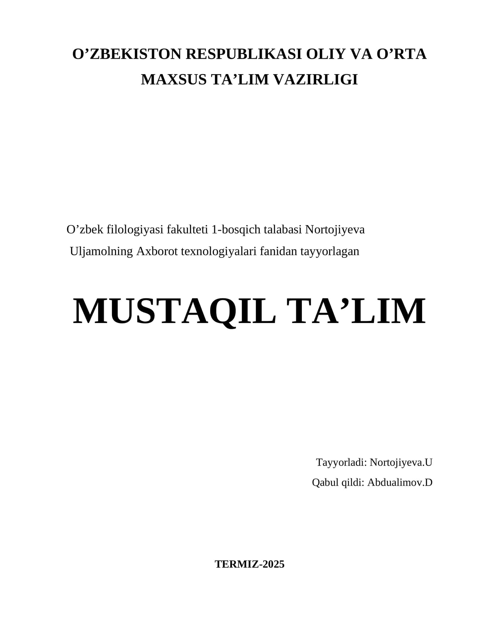 MUSTAQIL TA’LIM - FORMULALAR VA FUNKSIYALAR YORDAMIDA HISOB-KITOB BAJARISH 1