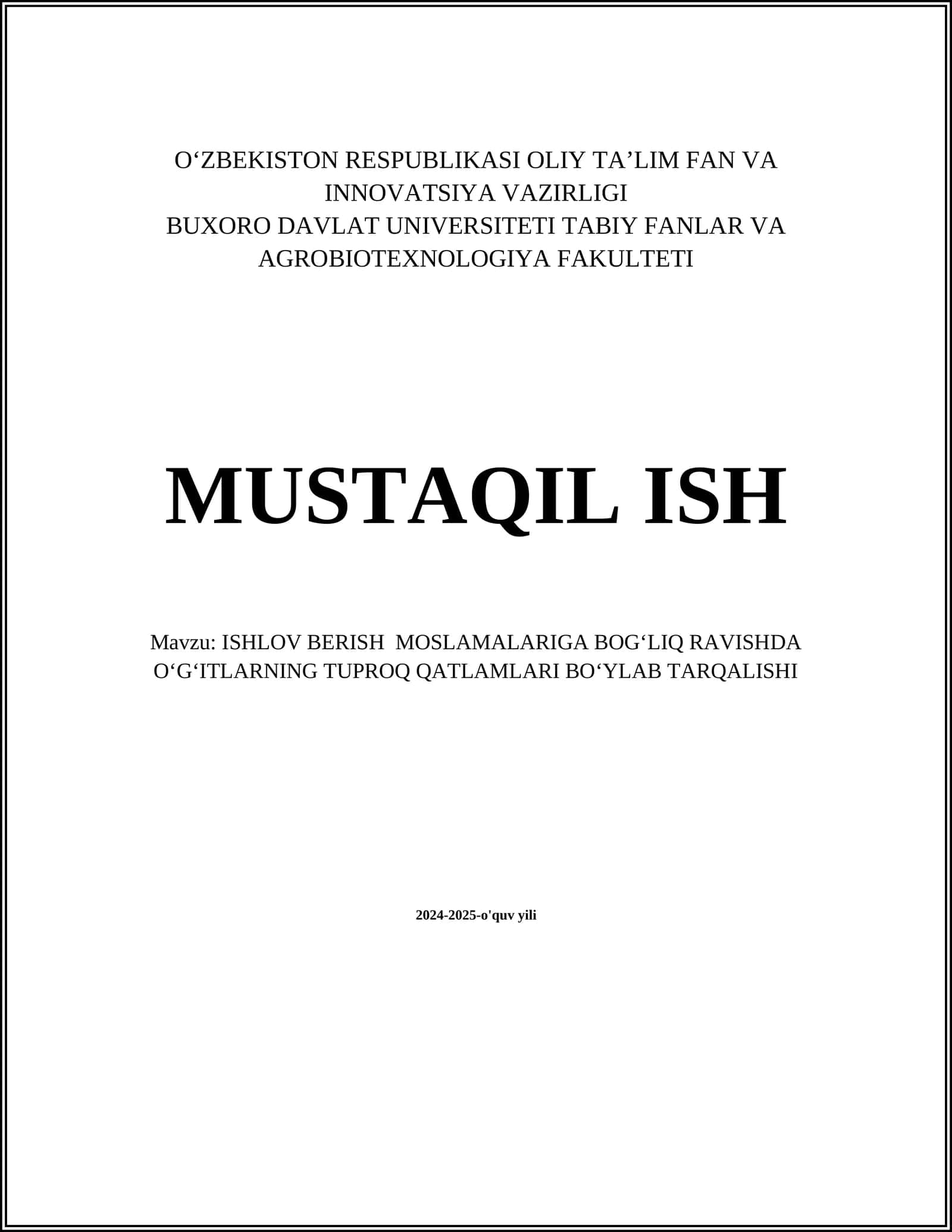 ISHLOV BERISH MOSLAMALARIGA BOGʻLIQ RAVISHDA OʻGʻITLARNING TUPROQ QATLAMLARI BOʻYLAB TARQALISHI 1