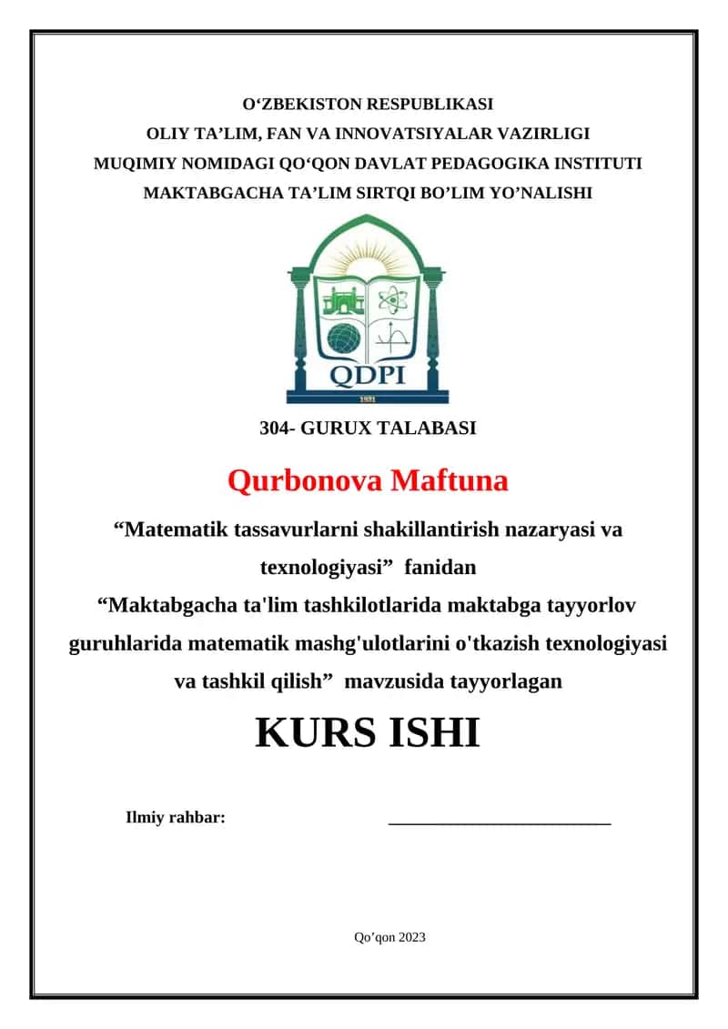 Maktabgacha ta'lim tashkilotlarida maktabga tayyorlov guruhlarida matematik mashg'ulotlarini o'tkazish texnologiyasi va tashkil qilish 1